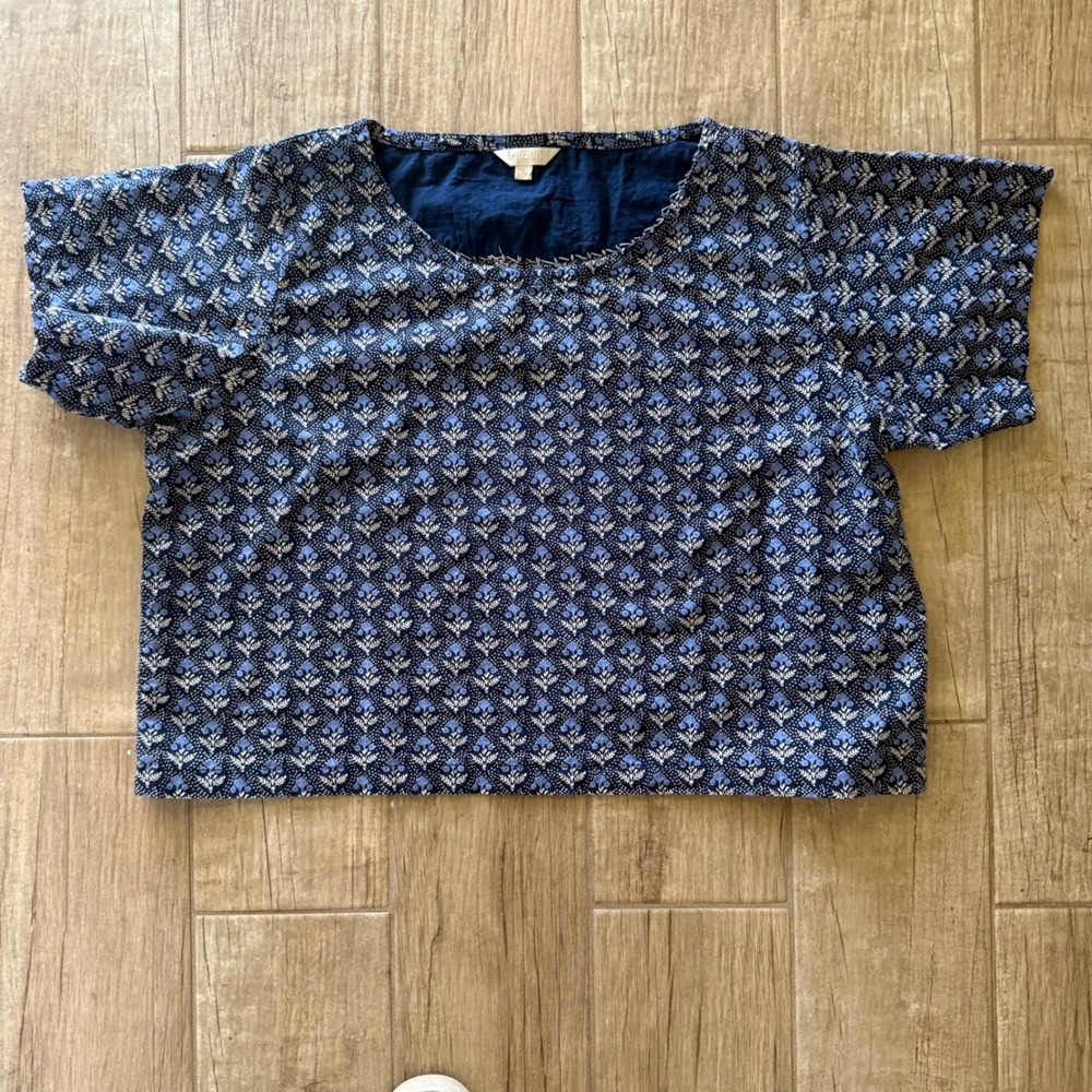 Voloshin Blue Floral Block Print Boxy Crop Top Womens Large L Short Sleeve